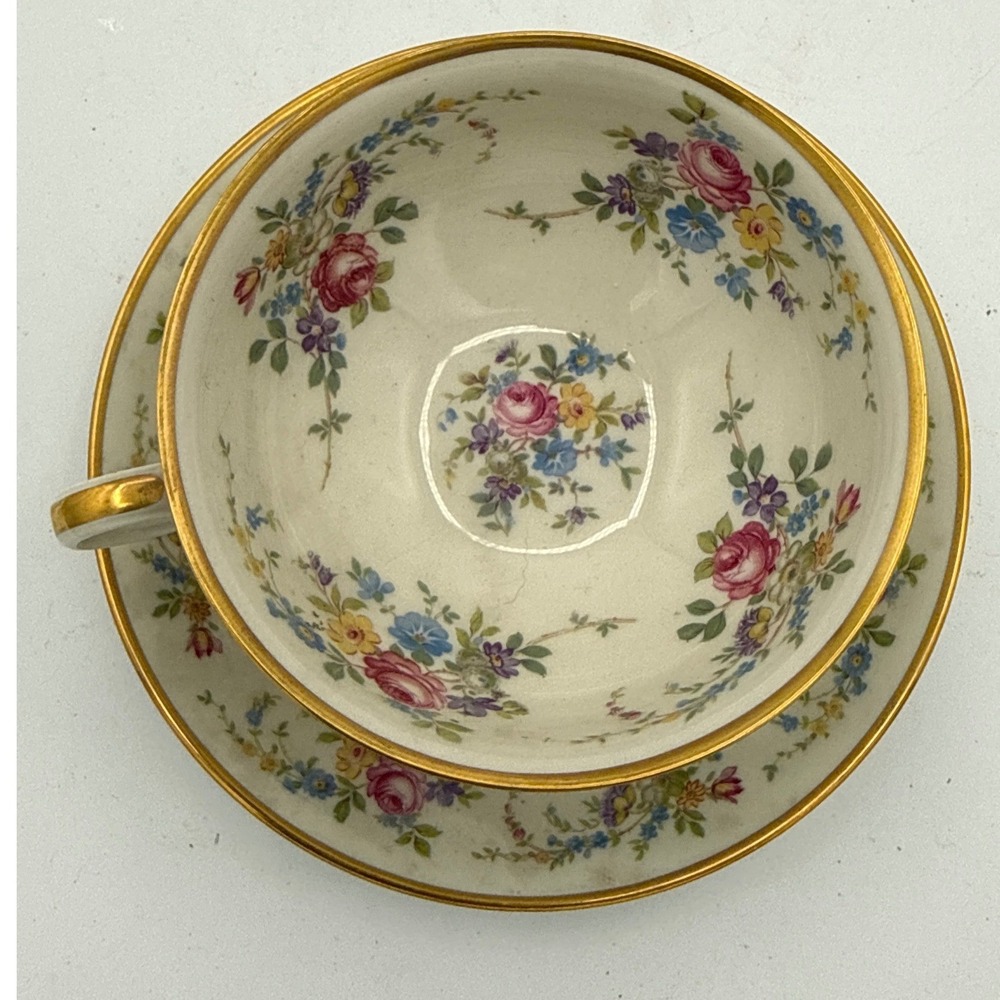 Vintage Thomas Ivory Bavaria Germany Floral Teacup and Saucer Set Gold Trim